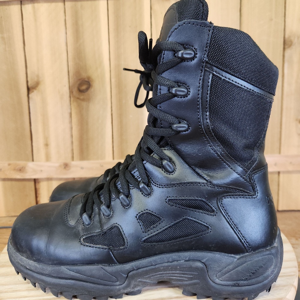 Reebok Rapid Response RB 8" Tactical Work Boots Mens 9 M Black Leather Side Zip